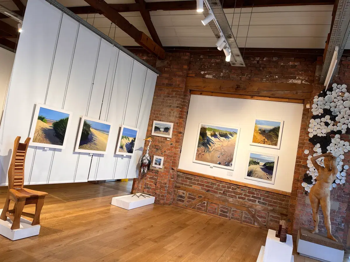Artwork displayed against the Biscuit Factory's original brick walls